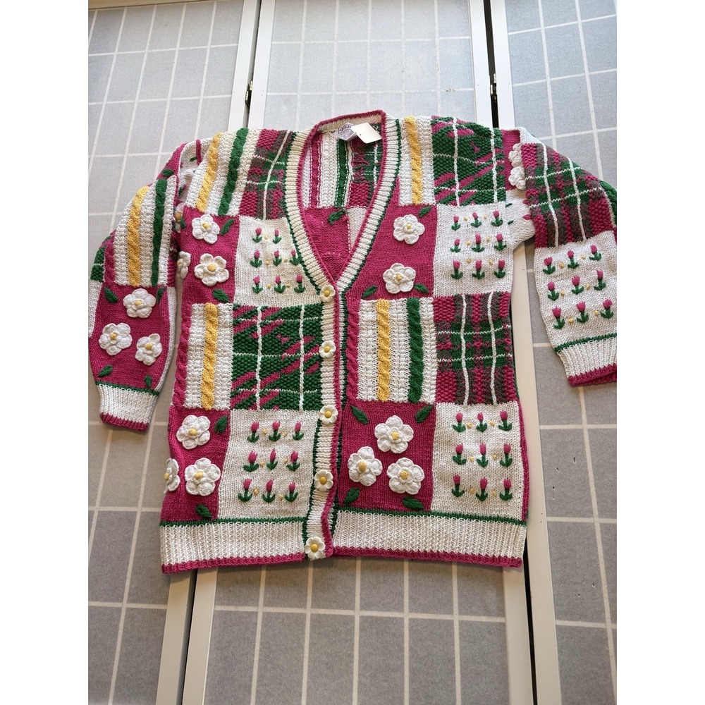 NWT VTG PBJ Sport Cottagecore Cardigan Knit Sweater S Pink Floral Chunky Granny